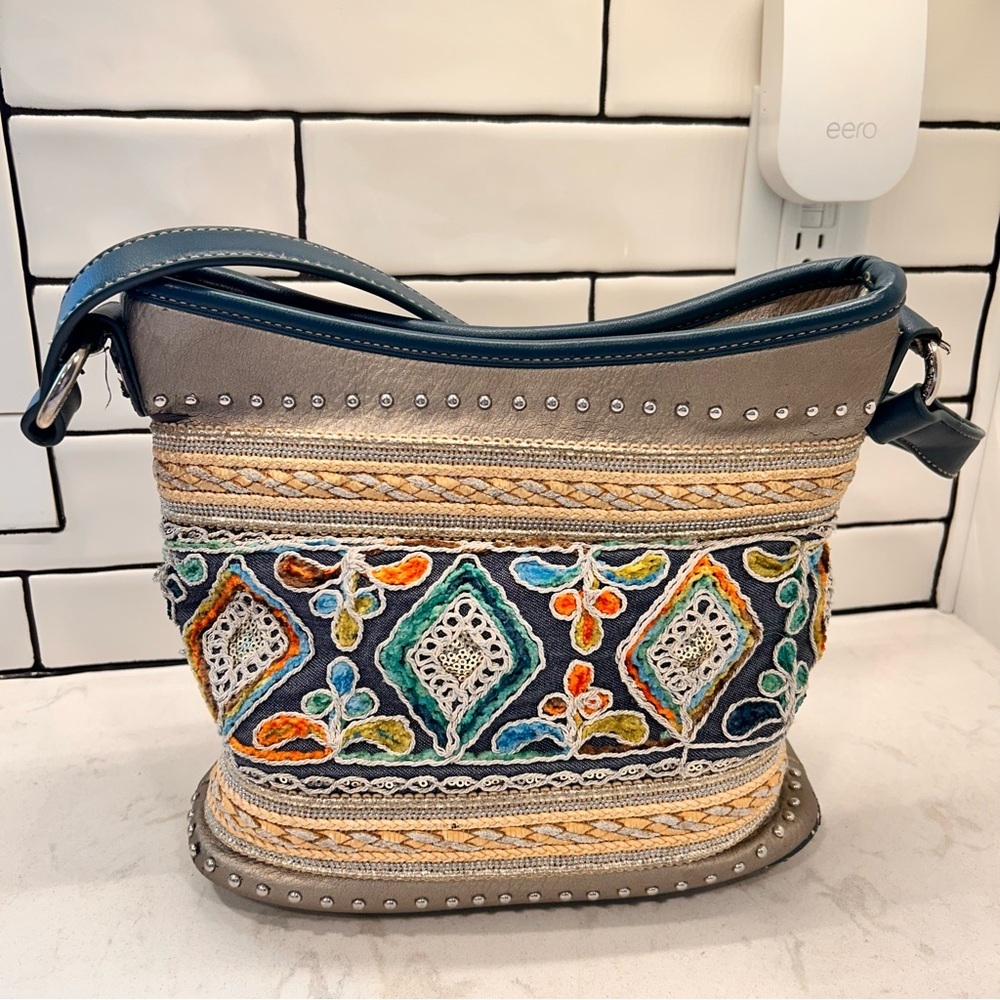Montana West Gray and Blue Embroidered Hobo Concealed Carry Shoulder Bag Purse